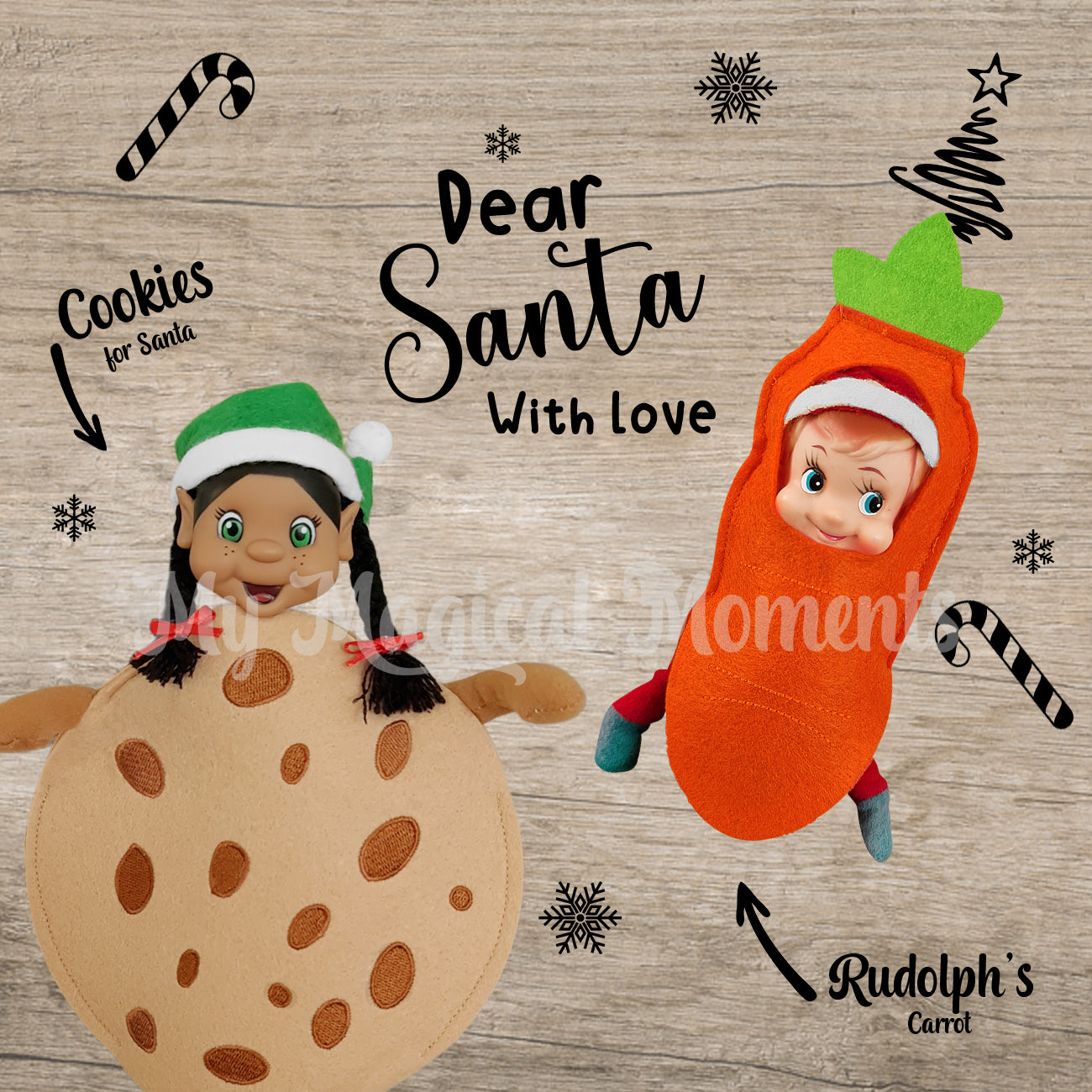 elves dressed in a Cookie and carrot costume left out for santa