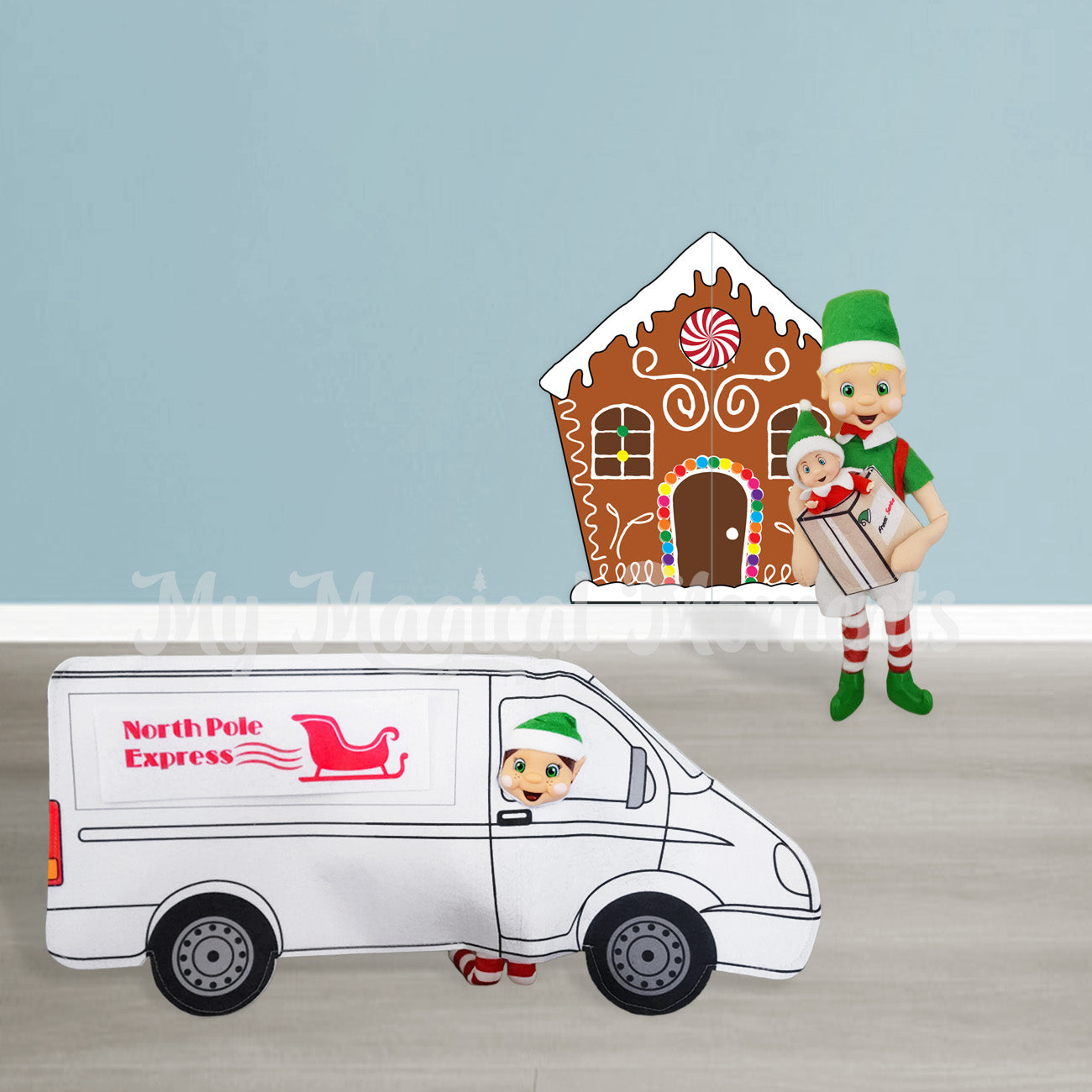Elf delivering a baby parcel to a gingerbread house and delivery van costume
