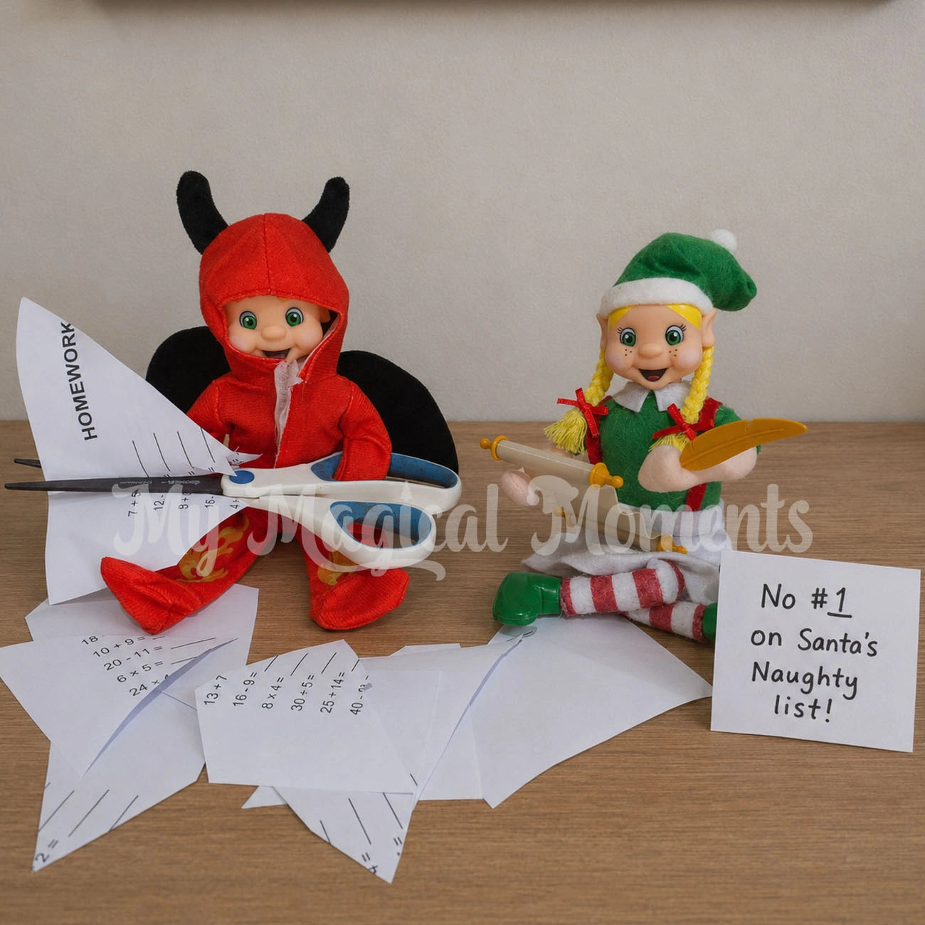 Elf wearing a Devil Costume, cutting up homework whilst a blonde hair girl elf adds him to the naughty list on a scroll