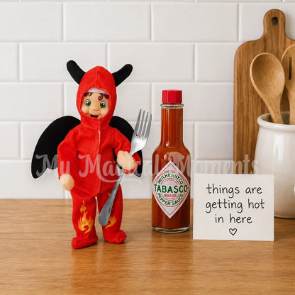 Devil Elf Costume - worn by My elf friends in kitchen with hot sauce