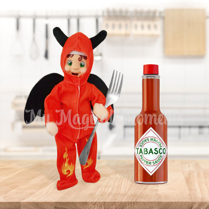 Devil Elf Costume - worn by My elf friends in kitchen with hot sauce