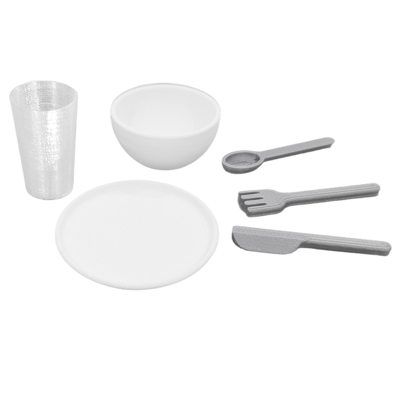 elf dining set, includes miniature bowl, cup, plate and cutlery