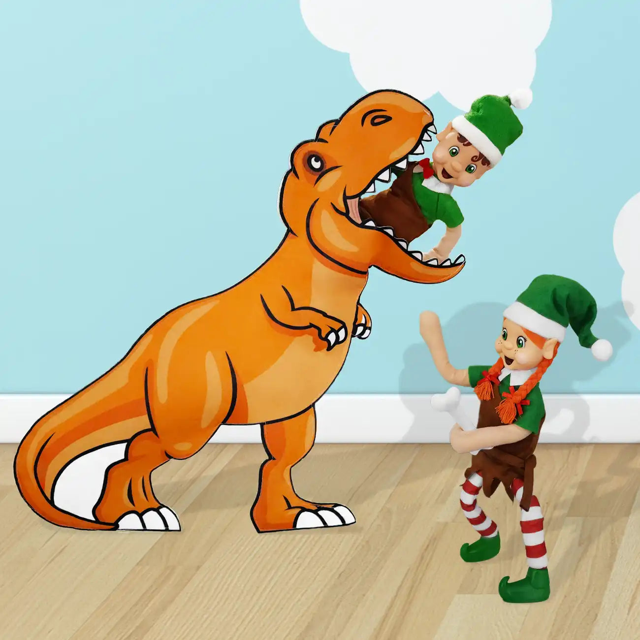 dinosaur costume elf scene with caveman dressed elves