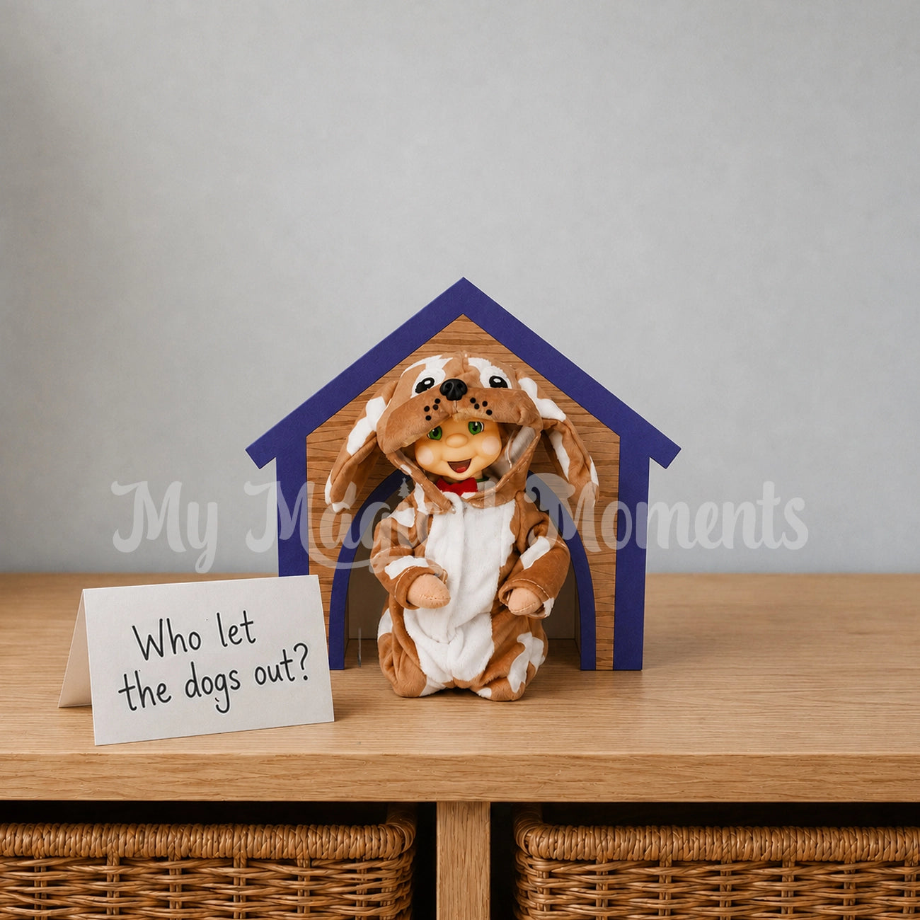Elf wearing an elf dog costume in their printable dog house