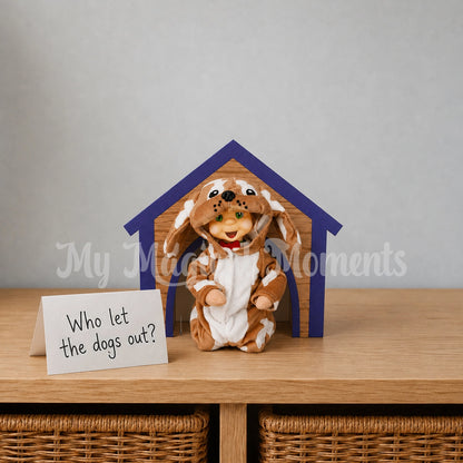 Elf wearing an elf dog costume in their printable dog house