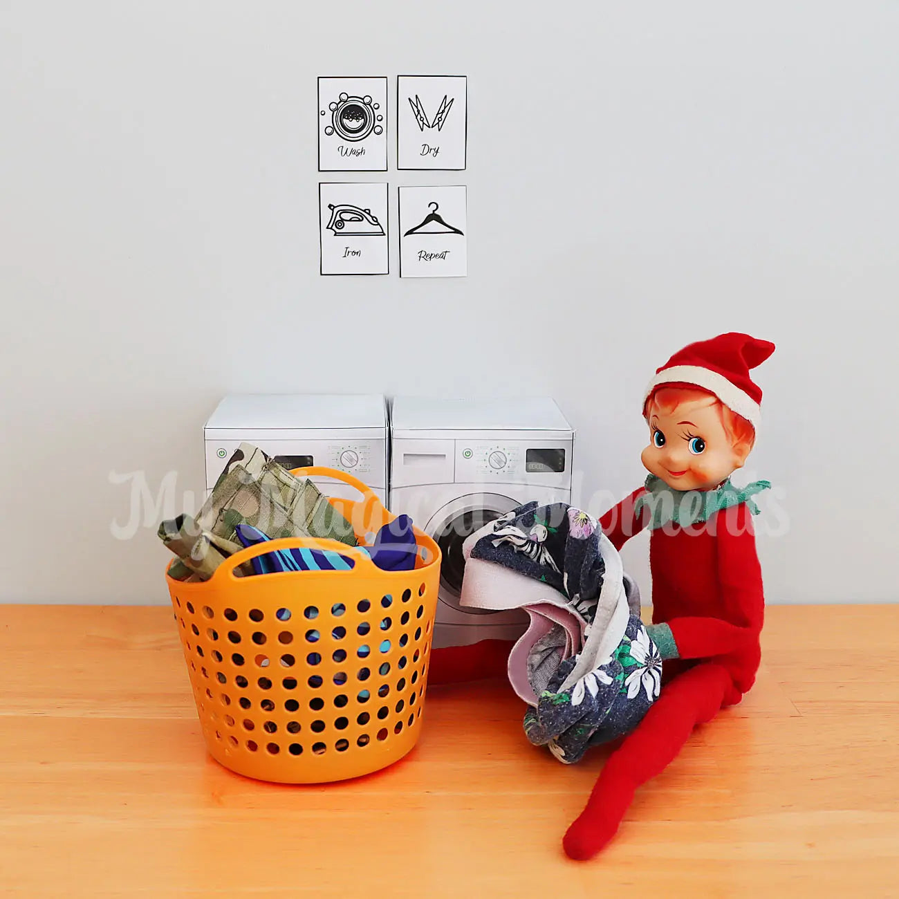 elf doing laundry with printable washing machine