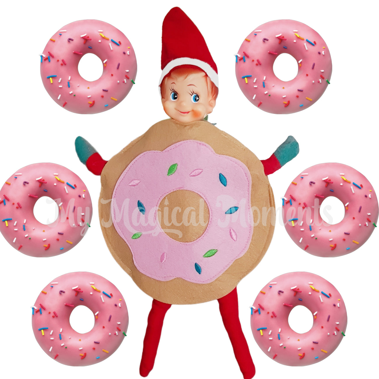 Elf dressed as a doughnut surrounded by pink donuts