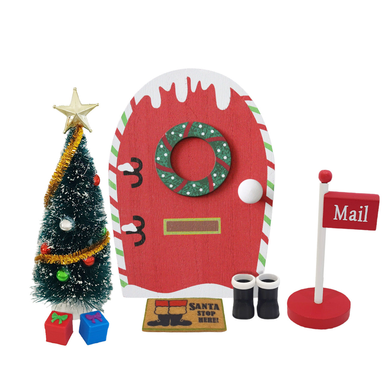 Door Pack by My Magical Moments. Includes Red Elf door, Christmas tree, Miniature presents, Santa boots, Door mat and mailbox