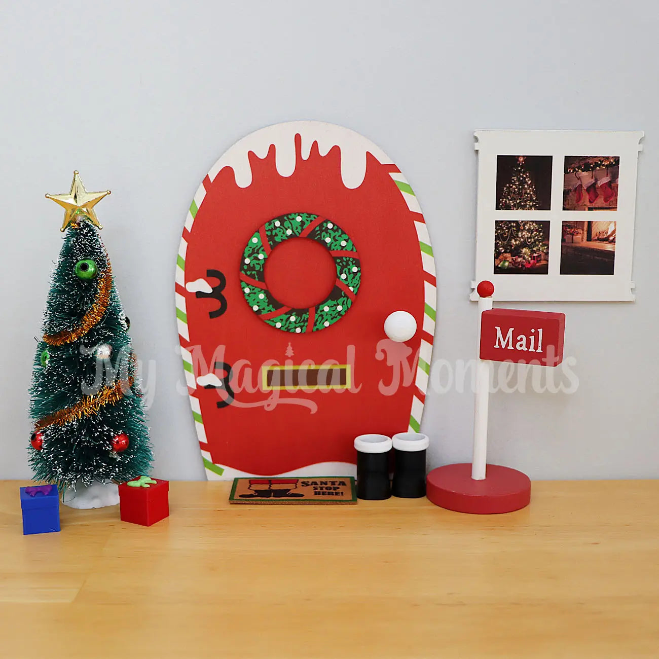 Elf door with mini Christmas tree, mini presents window, door mat and mailbox