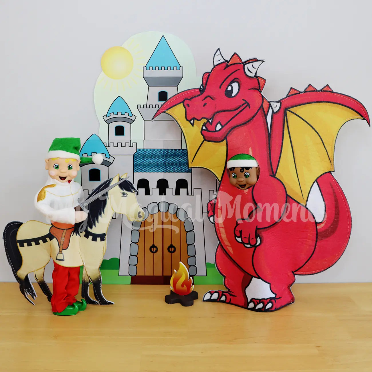 Blonde Hair elf holding a sword riding a horse costume fighting an elf wearing dragon in front of a castle