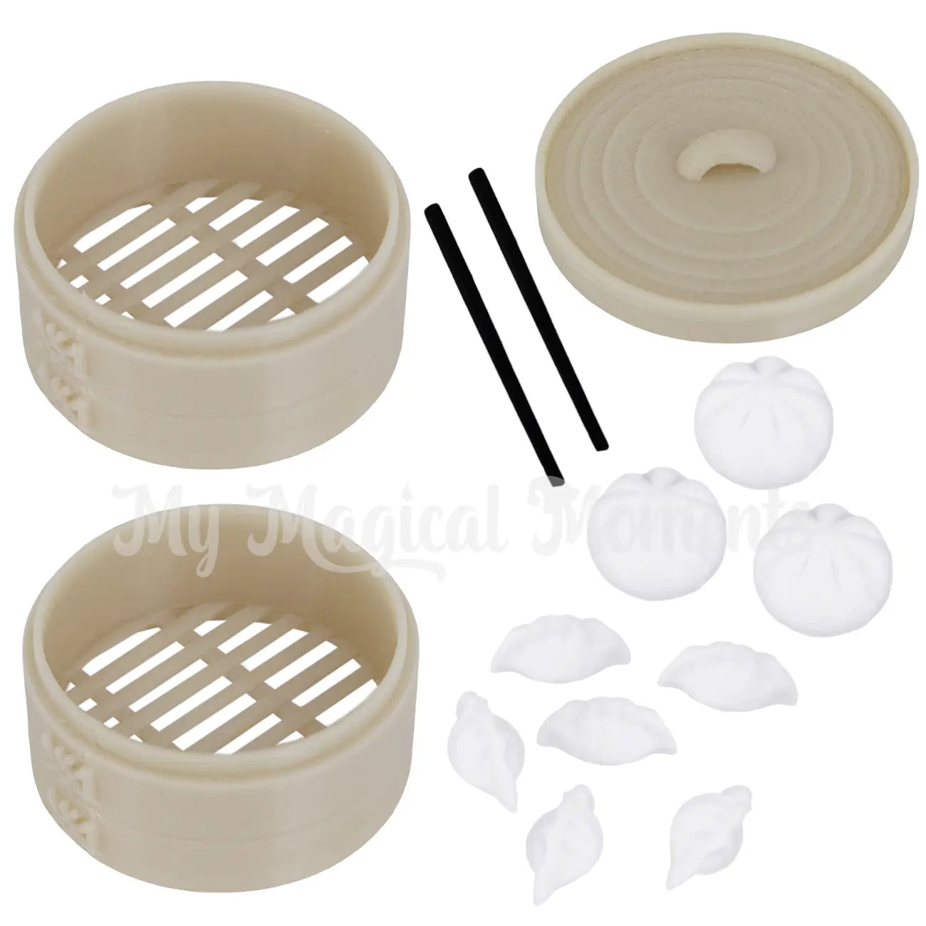 Miniature dumpling props, with chopsticks, steamed buns and steam baskets