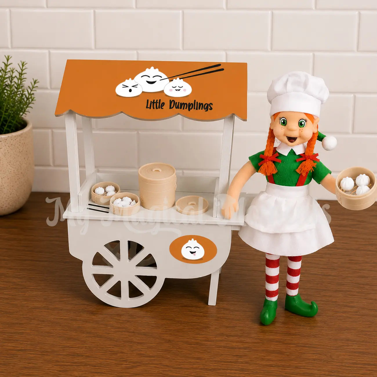 elf selling dumplings from a dumpling store, hot steamed buns with pork steamed dumplings