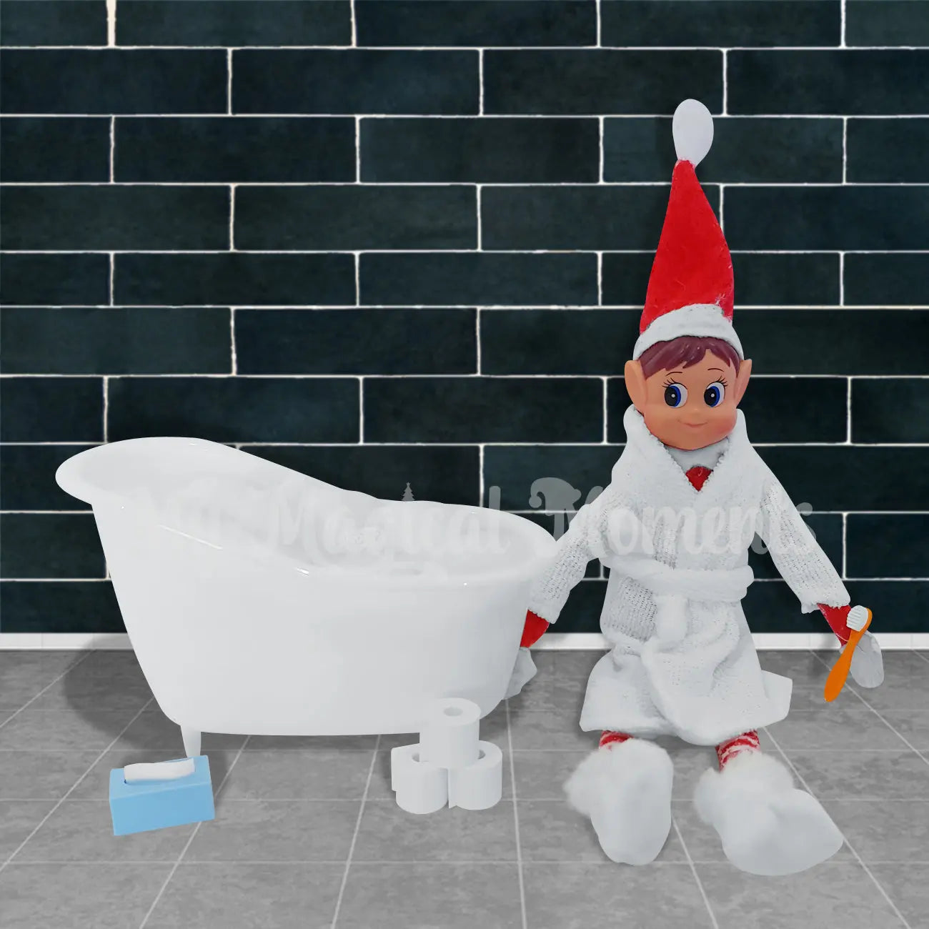 Elves behavin badly in bathrobe next to bath with tiny toilet paper and tissue box