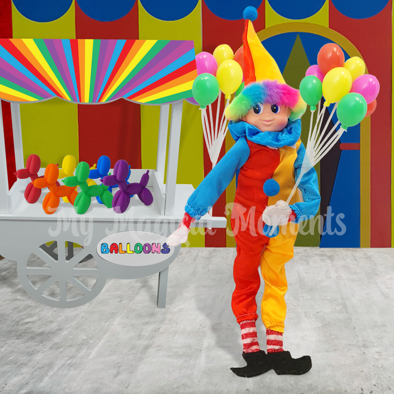elves behavin badly wearing a clown costume selling balloon animals at circus