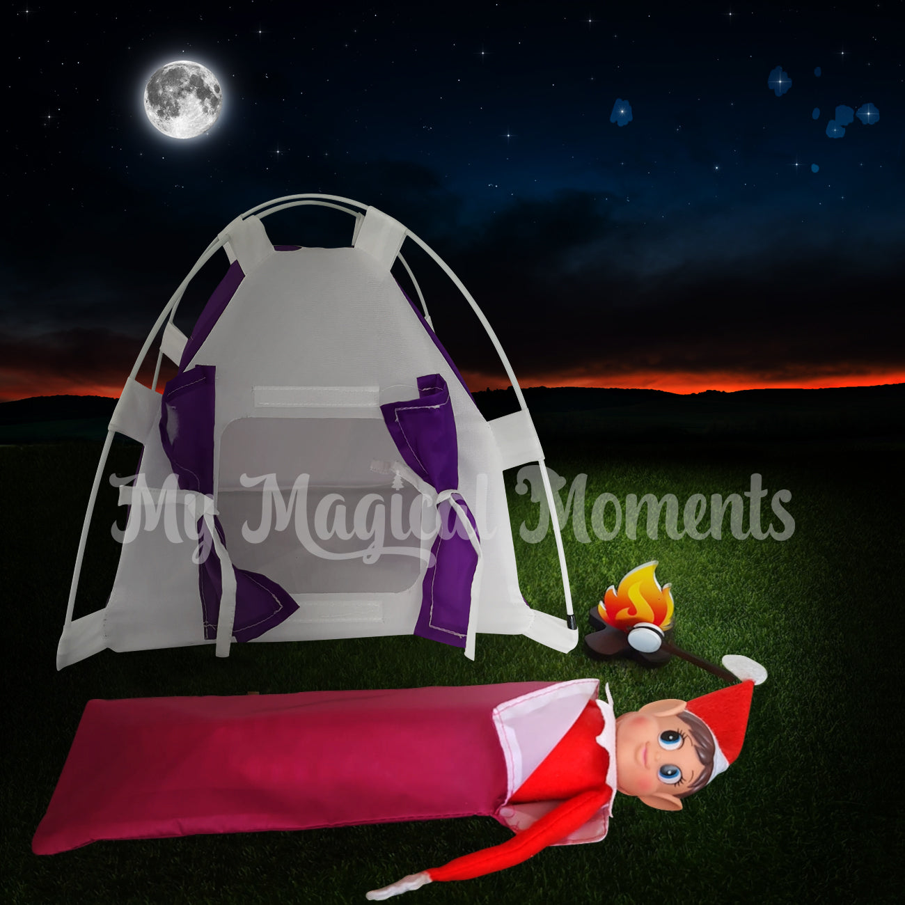 Elves Behavin badly in Sleeping bag purple in colour with a purple tent