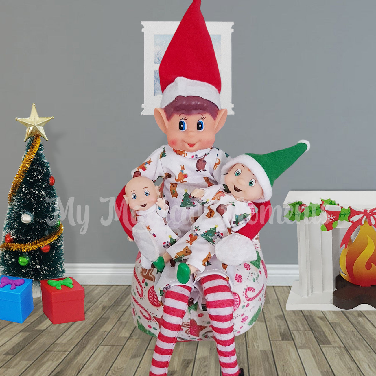Elf family bean bag scene with fireplace and Christmas tree