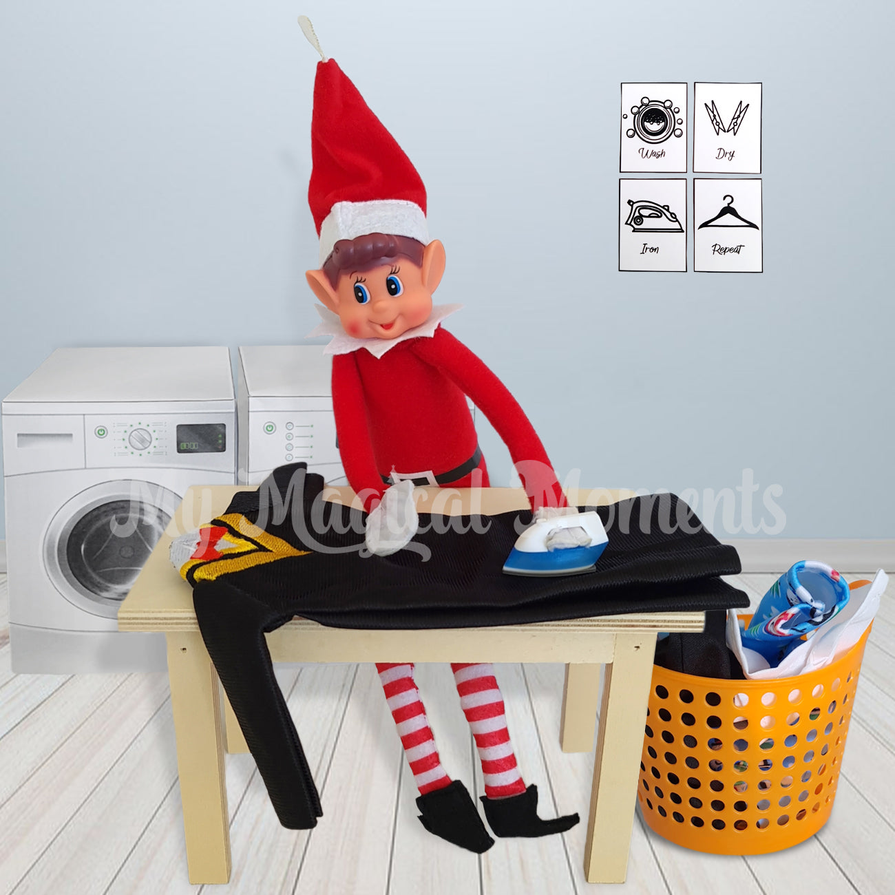 Elves behavin badly ironing graduation outfit in washroom
