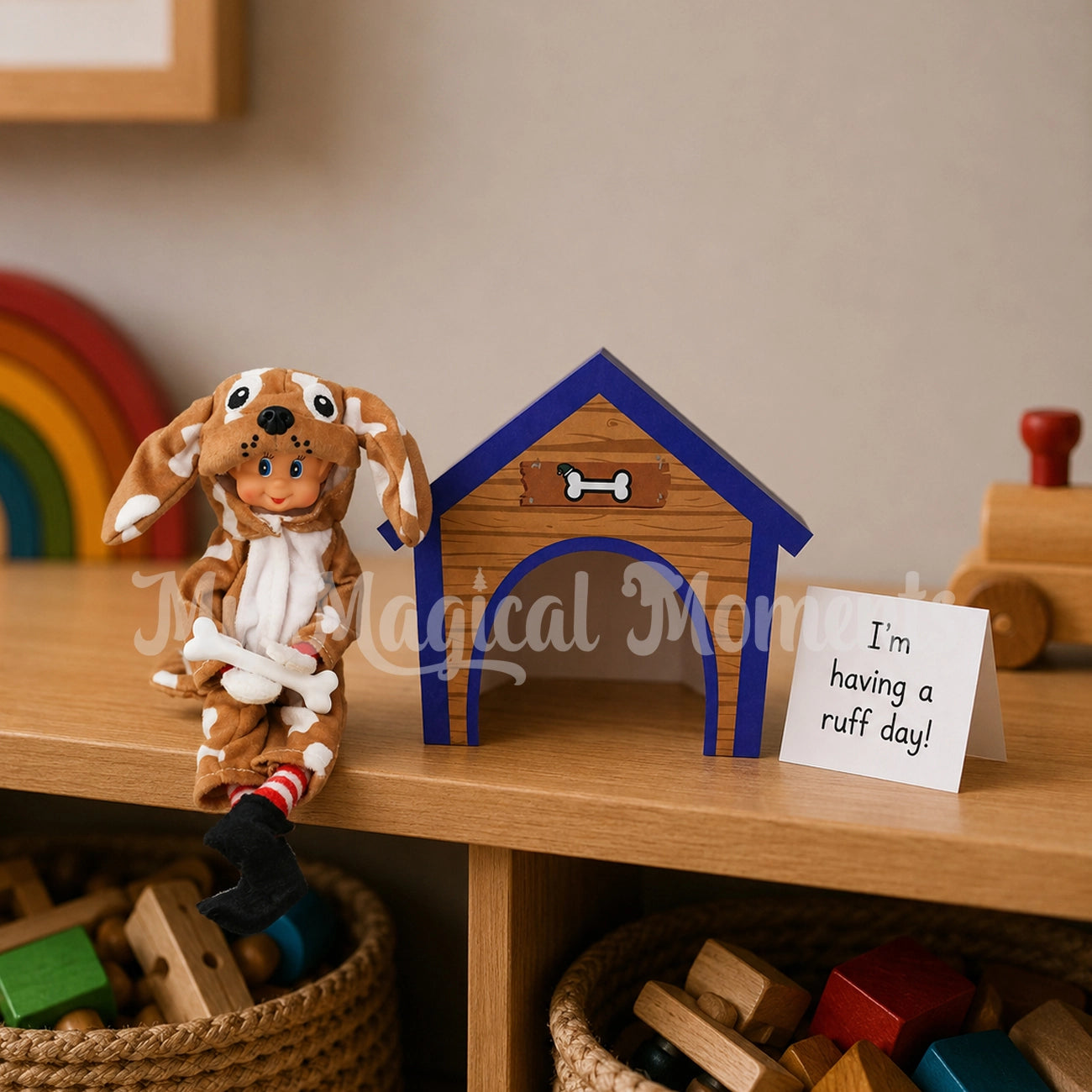 Dinosaur Bone with elf dog costume worn by elves behavin badly elf with a printable dog house