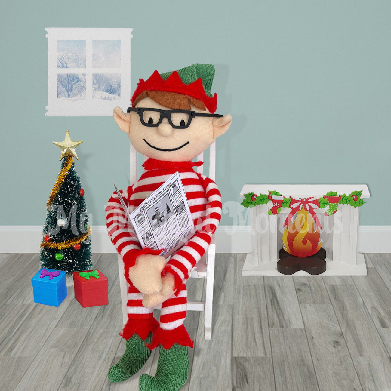 Elf for Christmas wearing glasses reading a newspaper in a rocking chair