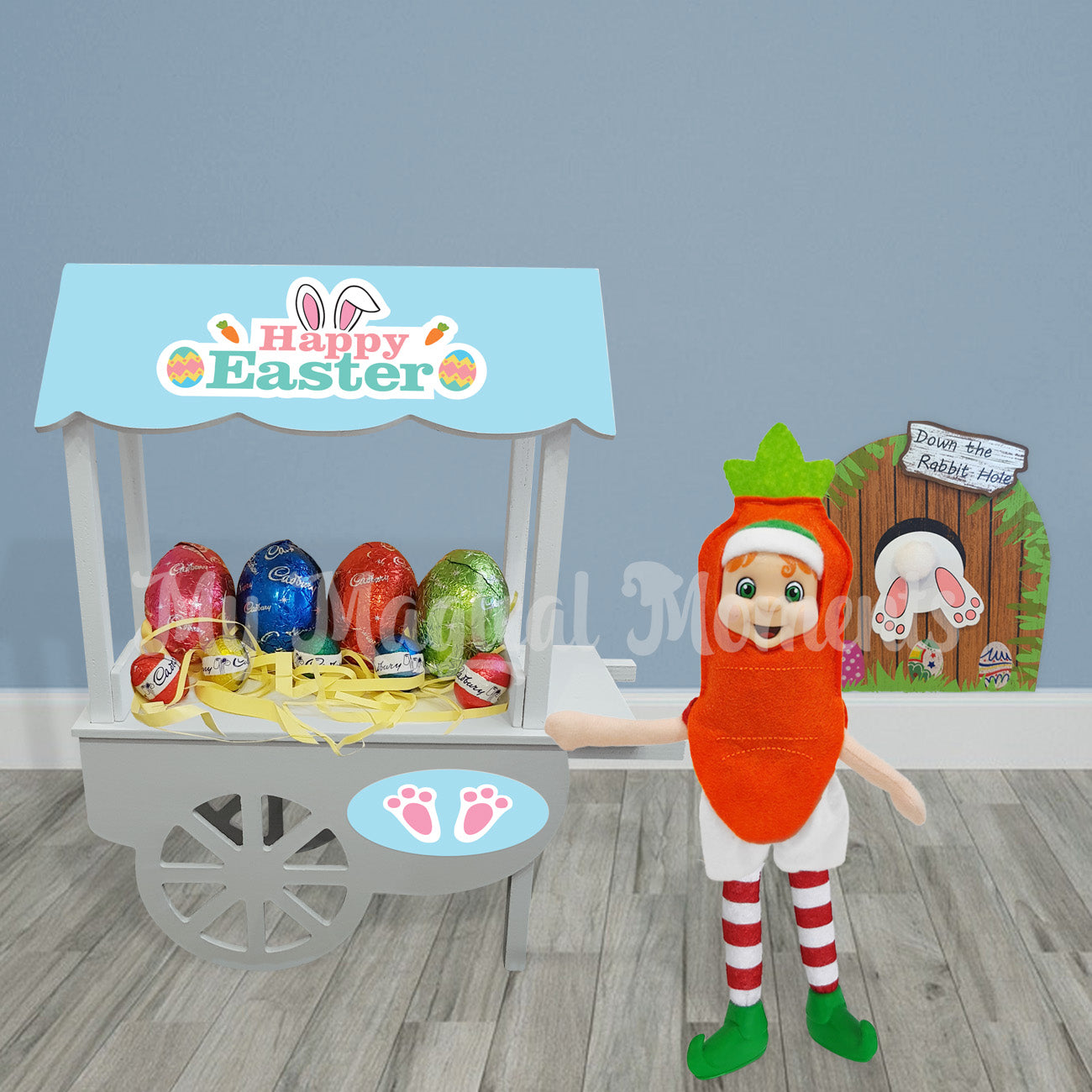 Elf easter display, elf in a carrot with an easter bunny door