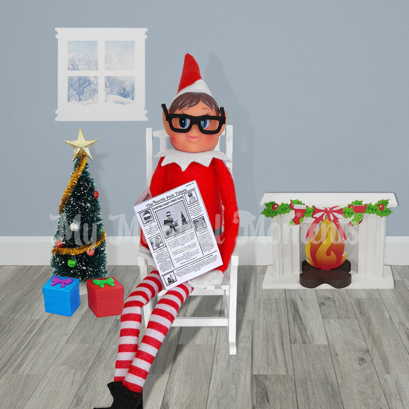 elf reading the newspaper in room with fireplace rocking chair and tree