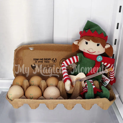 elf playing with a mini guitar singing to eggs in the fridge