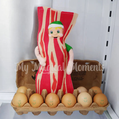 Elf dressed as a piece of bacon with eggs in the fridge