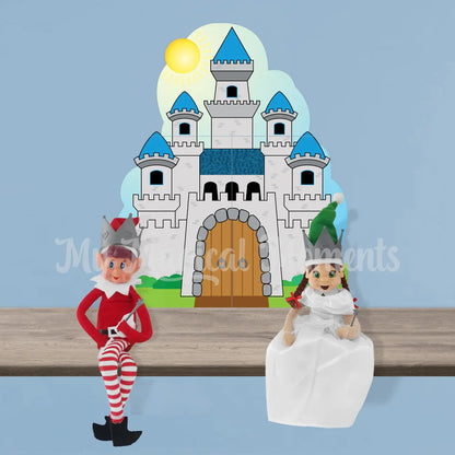 A Castle Elf Printable on a shelf with elves behavin badly wearing a crown and My Elf friends dressed as a princess