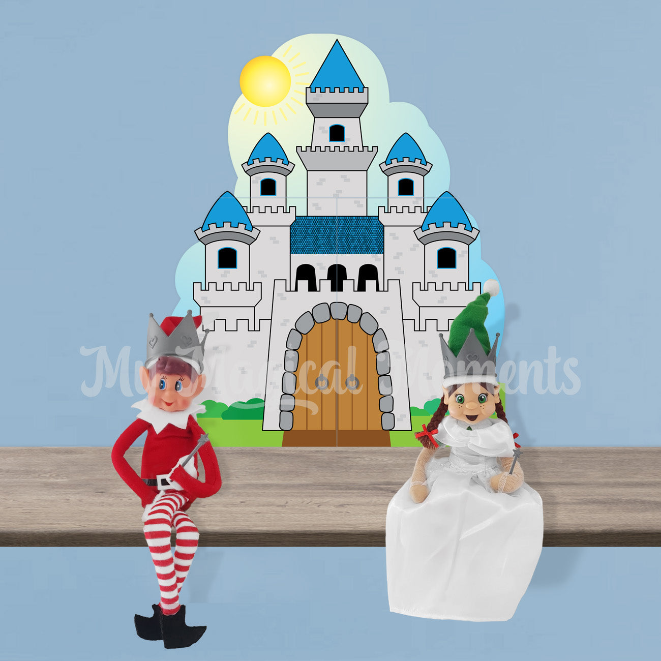 A Castle Elf Printable on a shelf with elves behavin badly wearing a crown and My Elf friends dressed as a princess