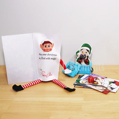 Elf Wearing a Card costume with Christmas gifts, lollipop elf holders in a container