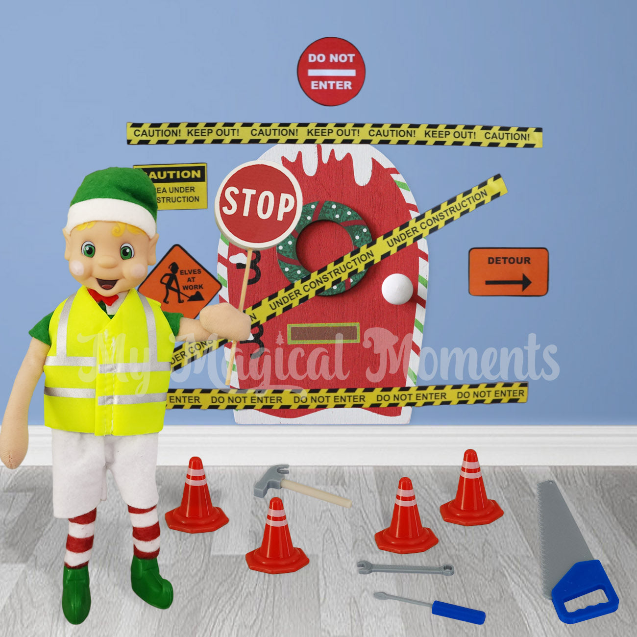 elf constructing a door with tools and and printables