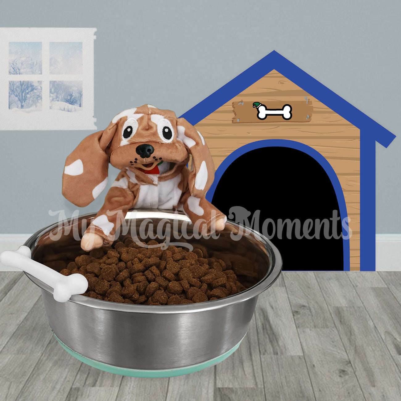 elf dressed as a Dog Eating dog food with a miniature dinosaur bone with a printable dog home