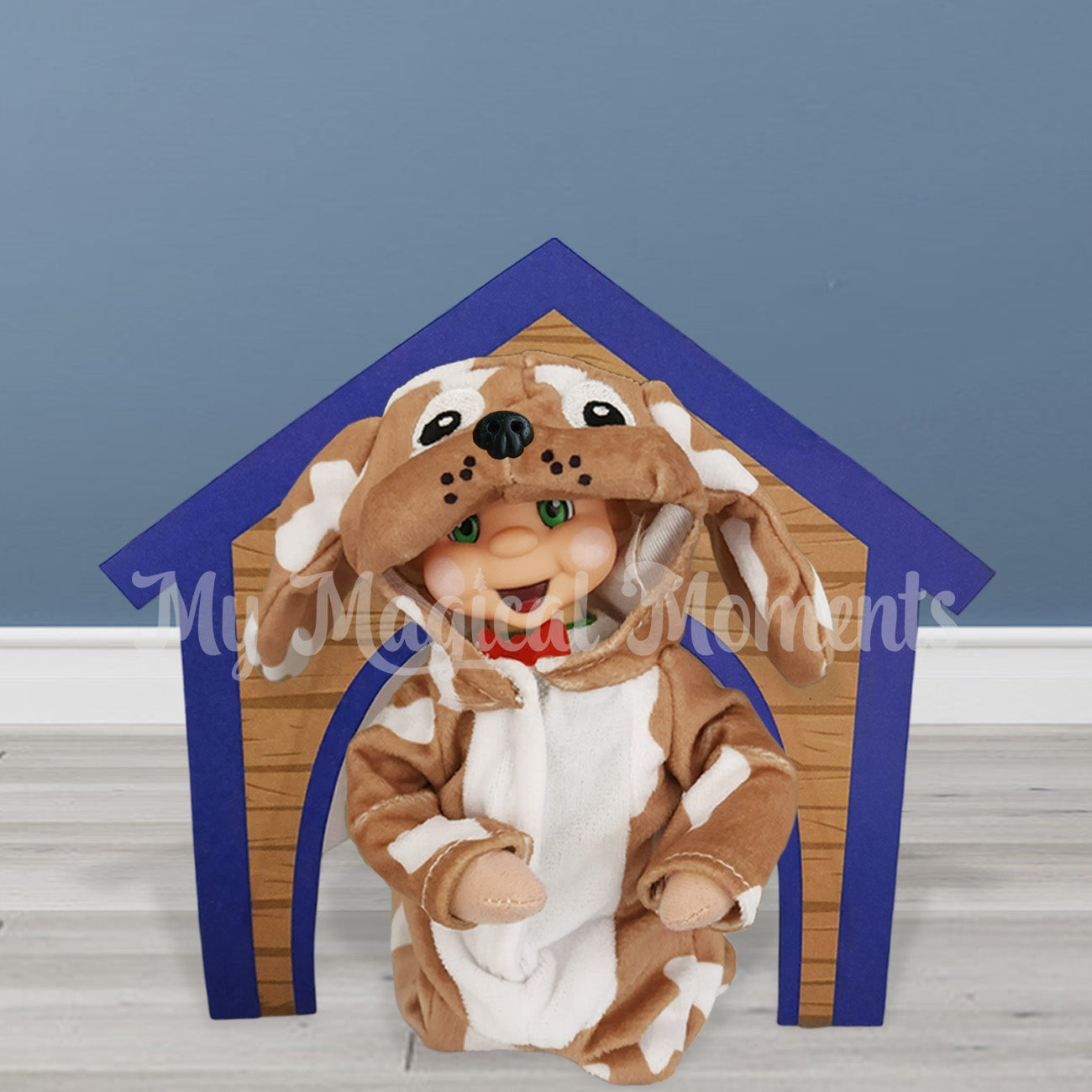 Elf wearing an elf dog costume in their printable dog house