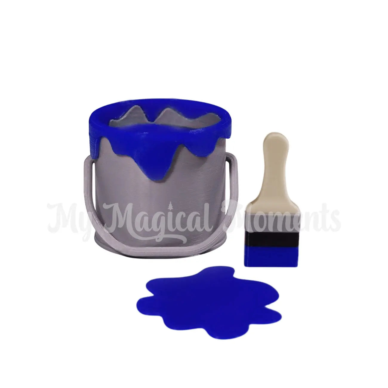 Elf Sized paint bucket with Blue paint and brush on a white background