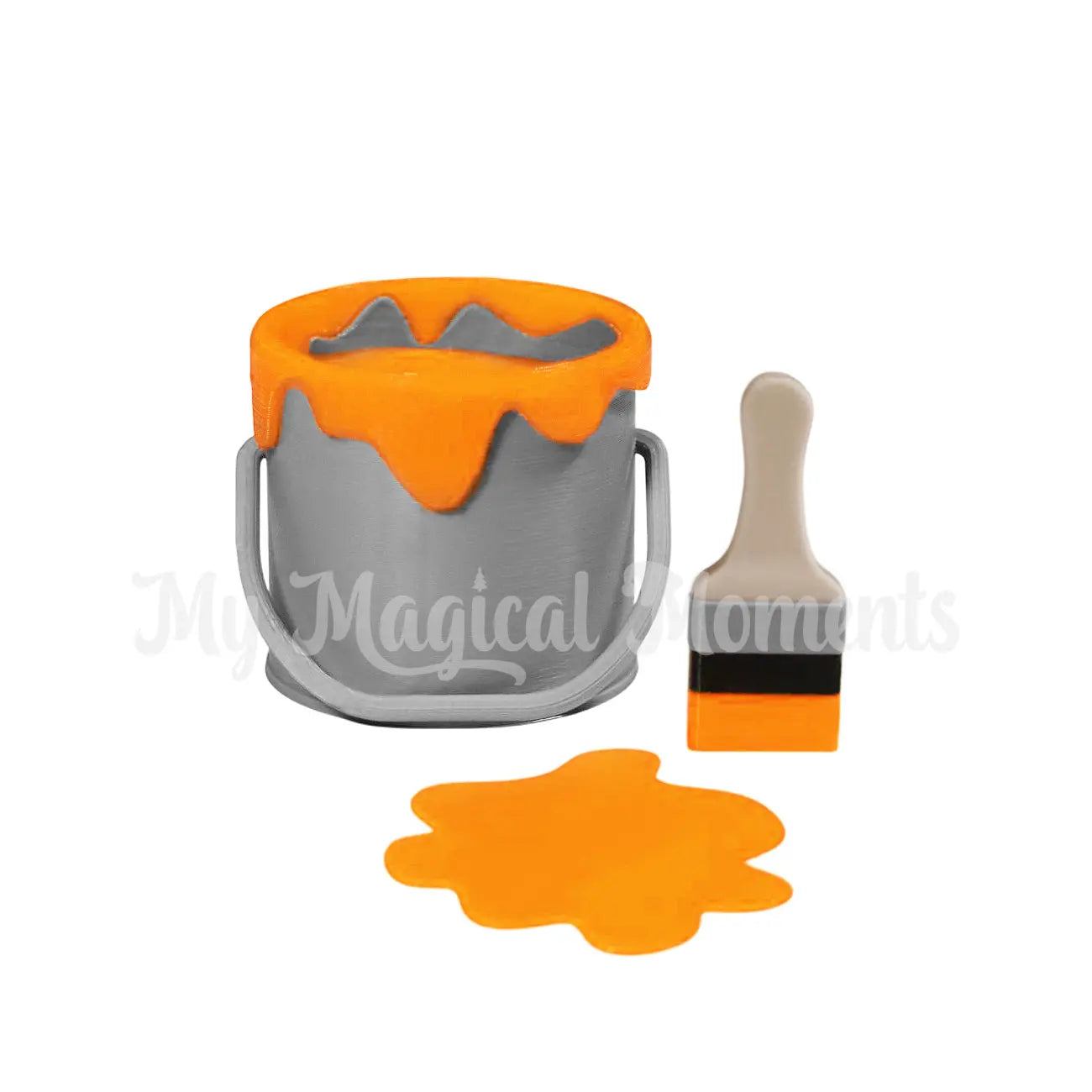 Elf Sized paint bucket with Orange paint and brush on a white background