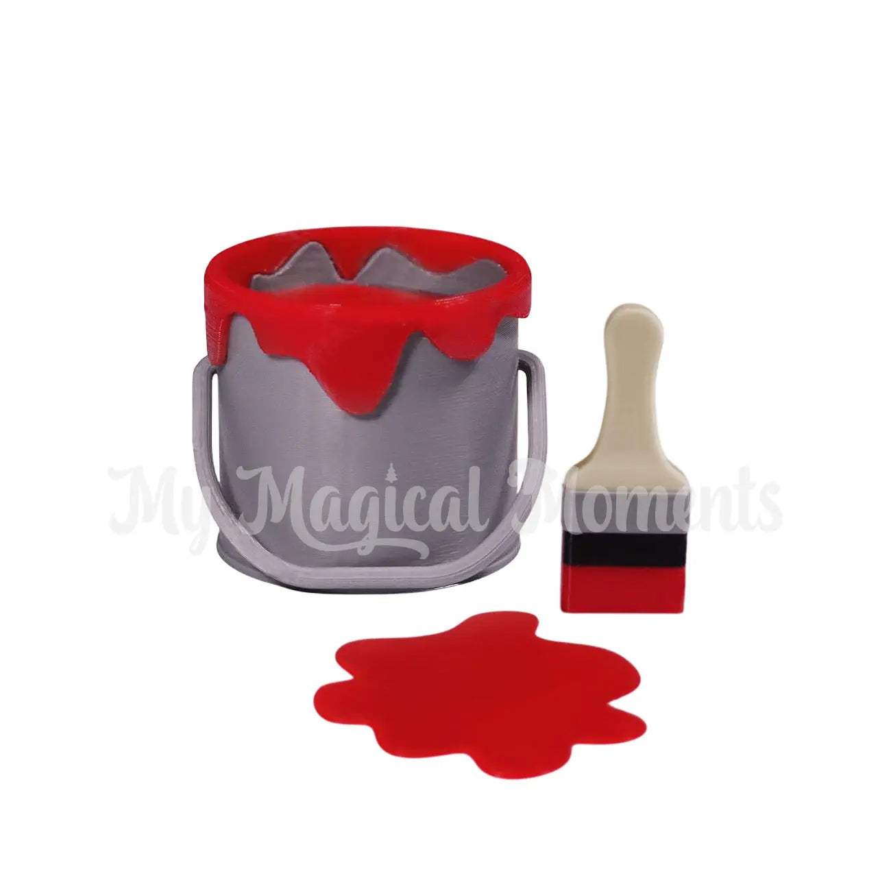 Elf Sized paint bucket with Red paint and brush on a white background