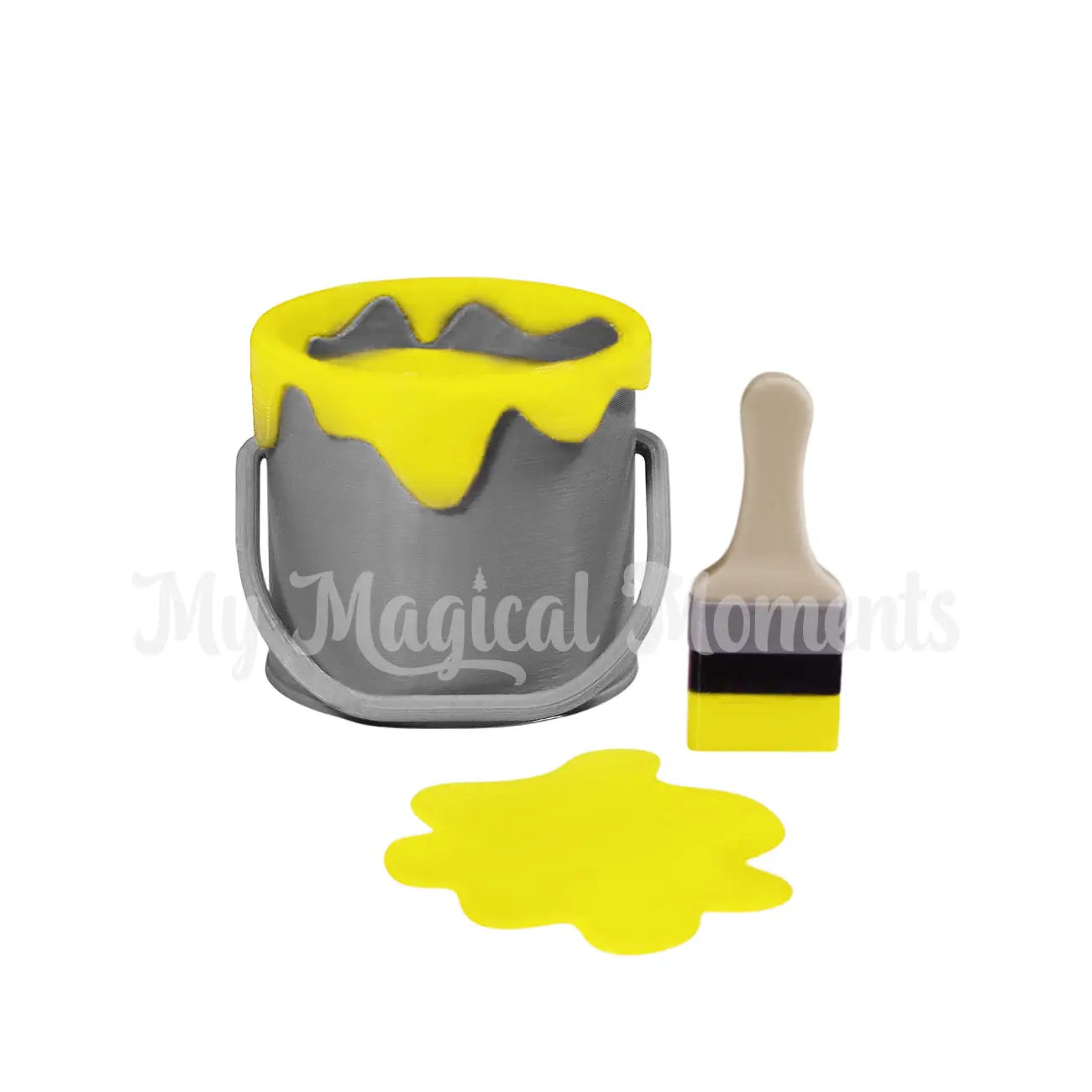 Elf Sized paint bucket with Yellow paint and brush on a white background