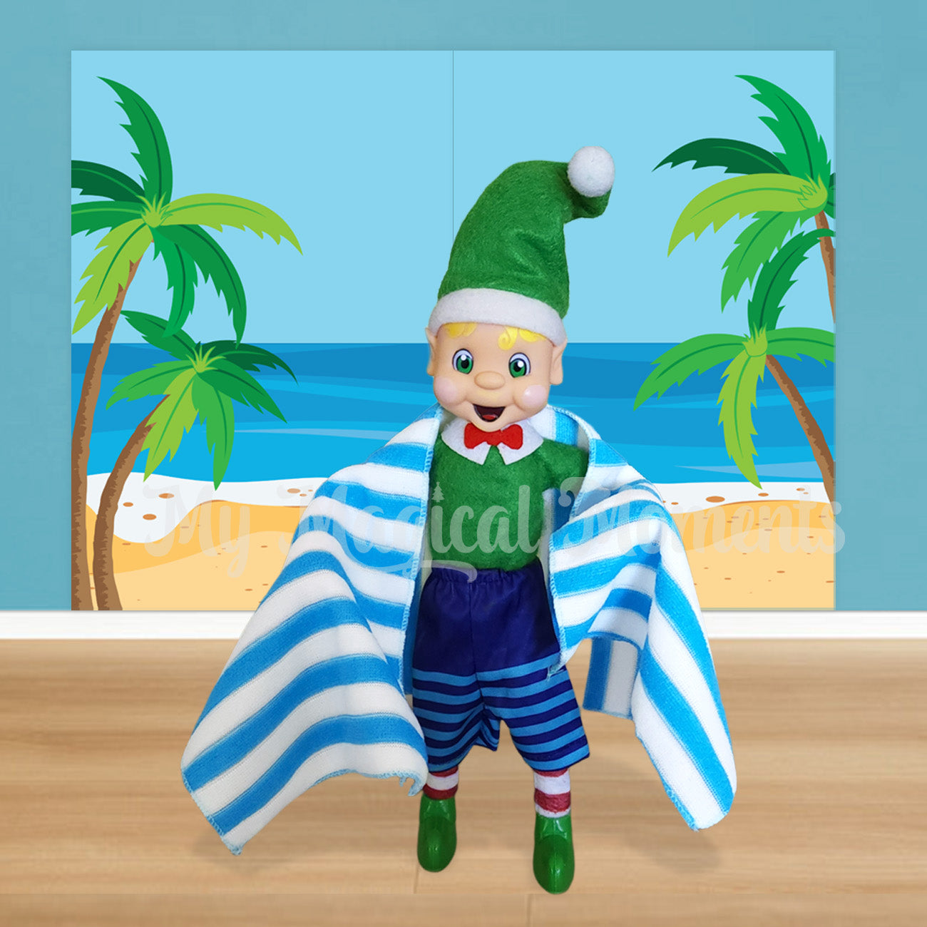 elf drying himself at a beach