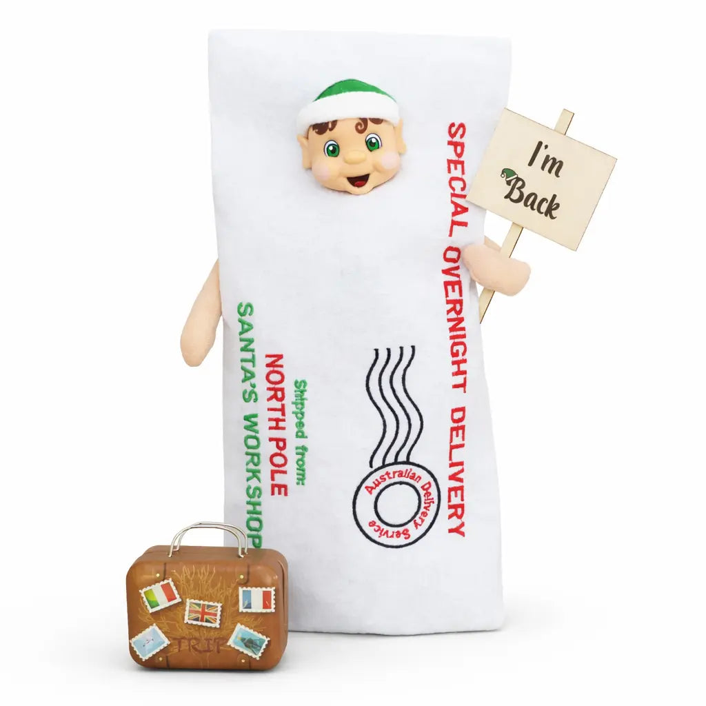 My Elf Friends with an im back sign, arrival bag and suitcase