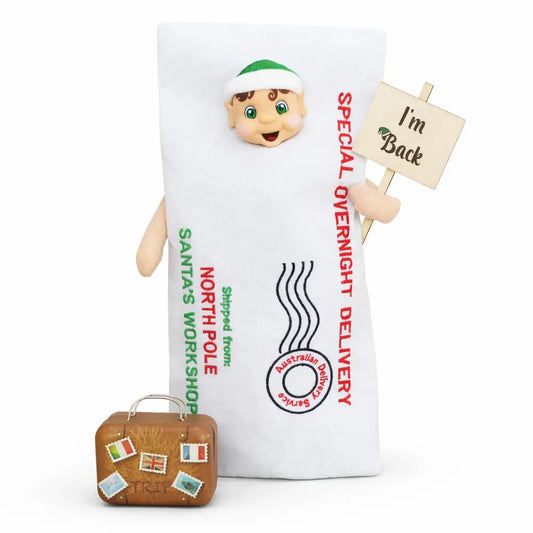 My Elf Friends with an im back sign, arrival bag and suitcase