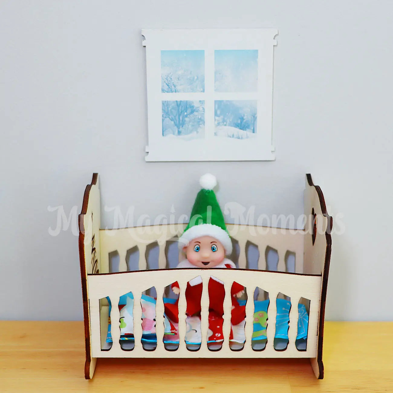 Elf baby in a cot with window