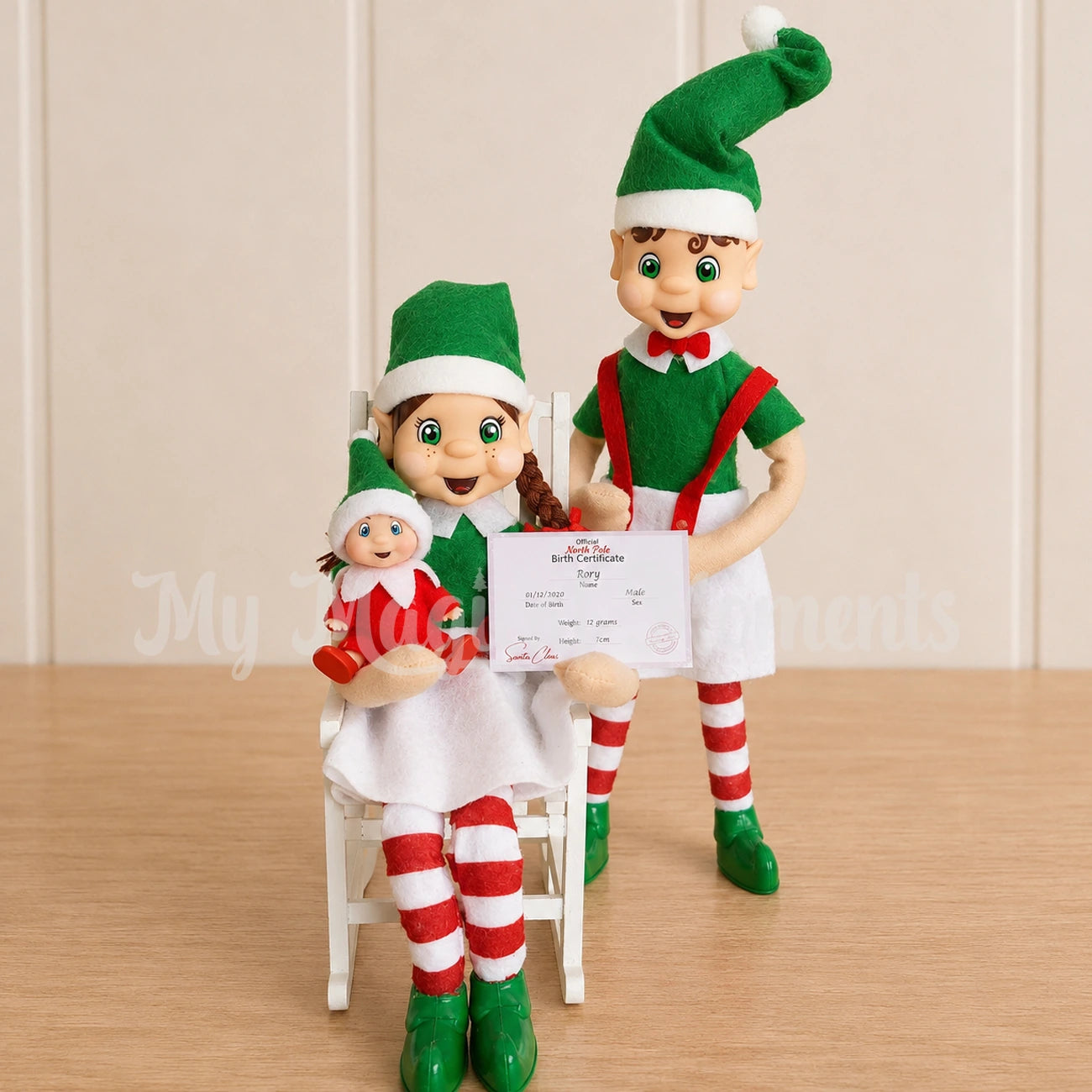 A Family of brown hair elves with a baby elf and a mini elf baby birth certificate printable