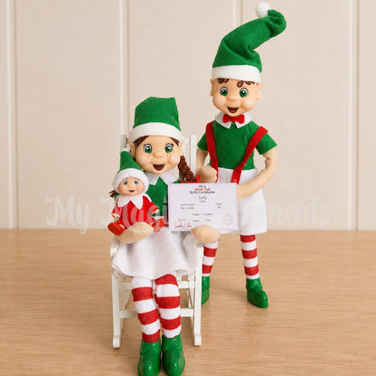 A Family of brown hair elves with a baby elf and a mini elf baby birth certificate printable