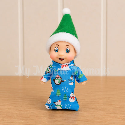 elf baby wearing winter onsie