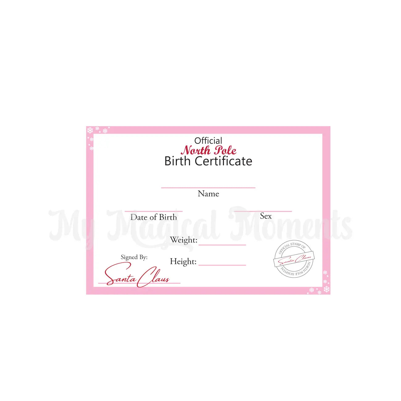 Elf Baby Birth Certificate - Pink - My Magical Moments