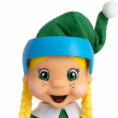 Blonde Bendable elf wearing a cranial therapy helmet in blue
