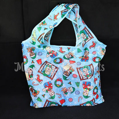 My Elf Friends design on a shopping bag filled with groceries in  the boot