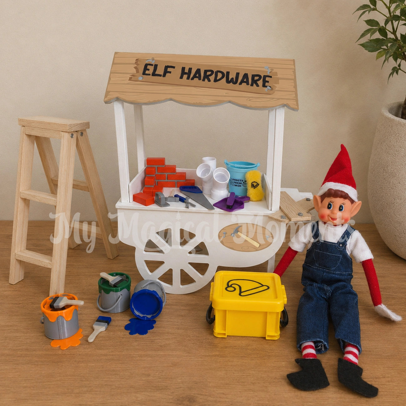Elf wearing overalls, selling various tools and items at a hard ware store front. ladder, bricks, plumbing pipes bucket and sponge, tools, wood pieces, paint and a storage container