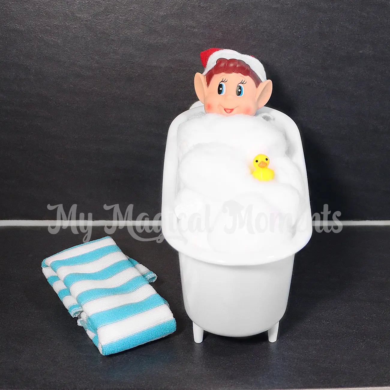 Elves Behavin Badly in a bath tub with mini rubber ducky and towel