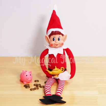 Elf rubbing a magic lamp with a piggy bank full of coins